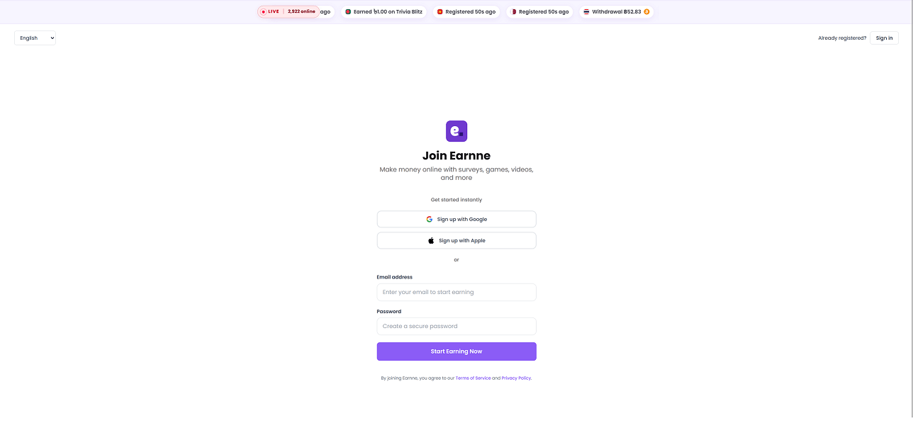 Earnne registration page - Sign up form showing email, password, and personal information fields