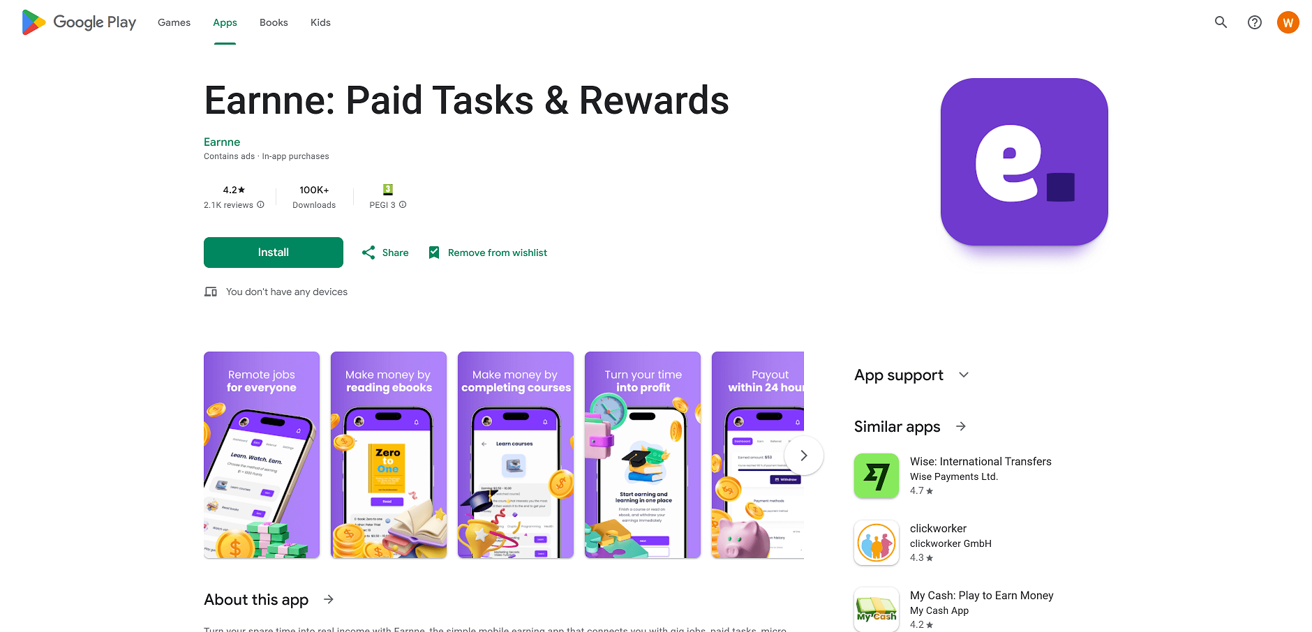 Google Play listing for the Earnne app