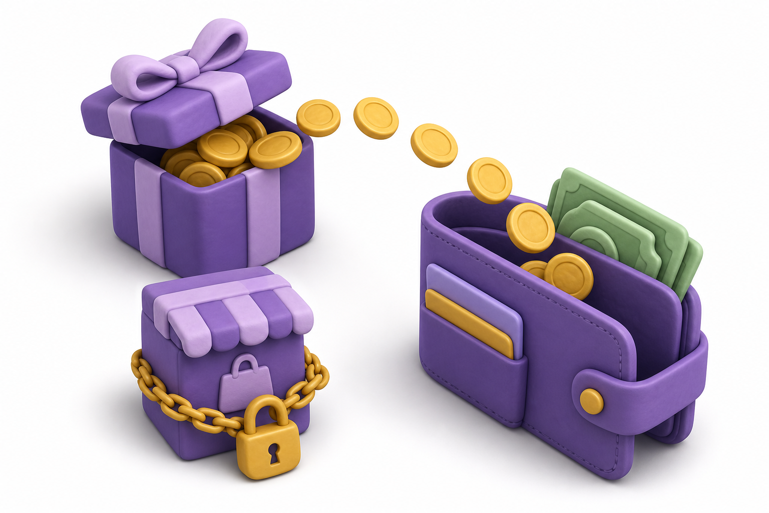 3D wallet and coins showing cash flexibility versus locked gift card credit