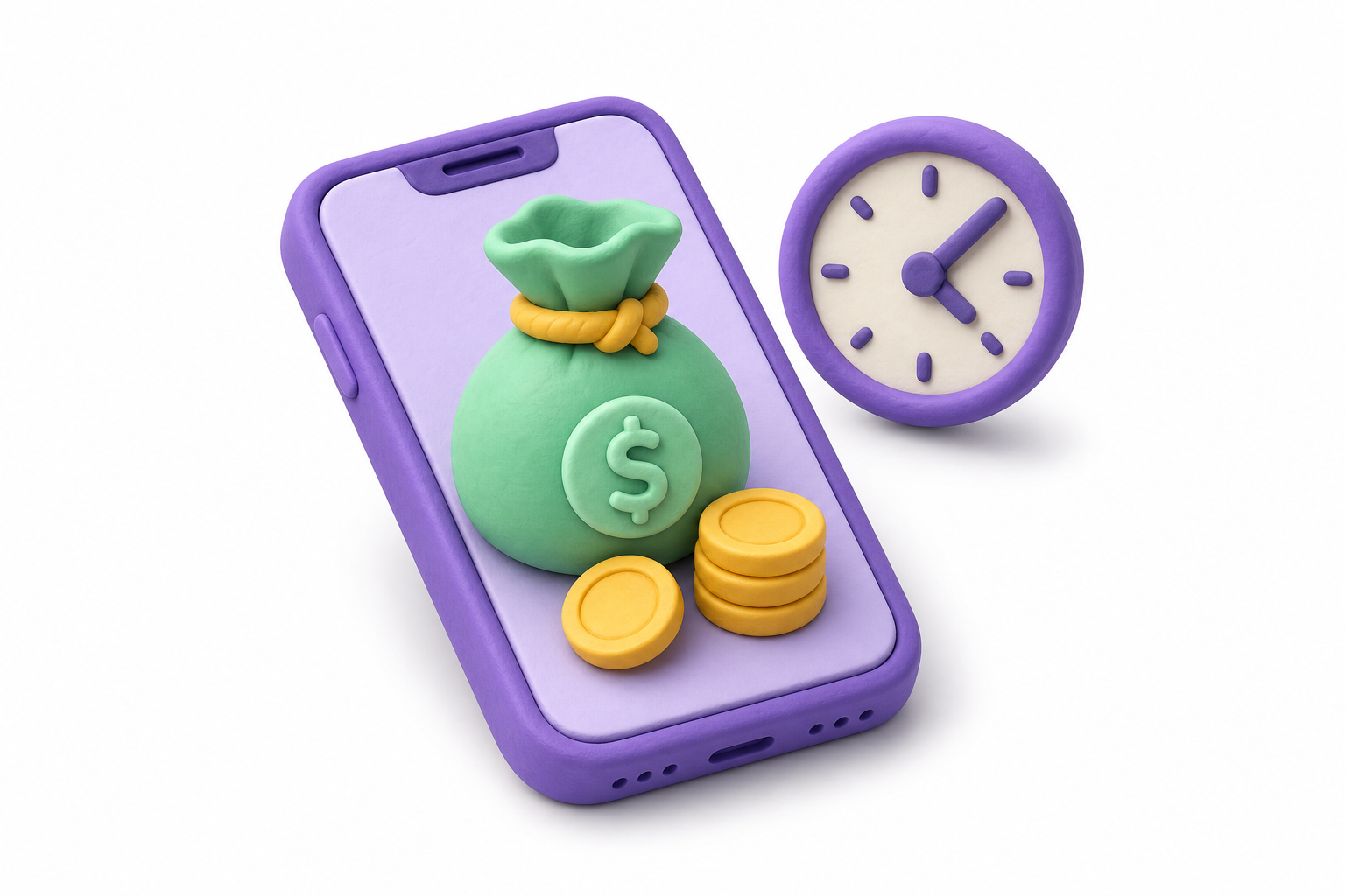 3D phone, money bag and clock showing how to reach Earnne payout faster