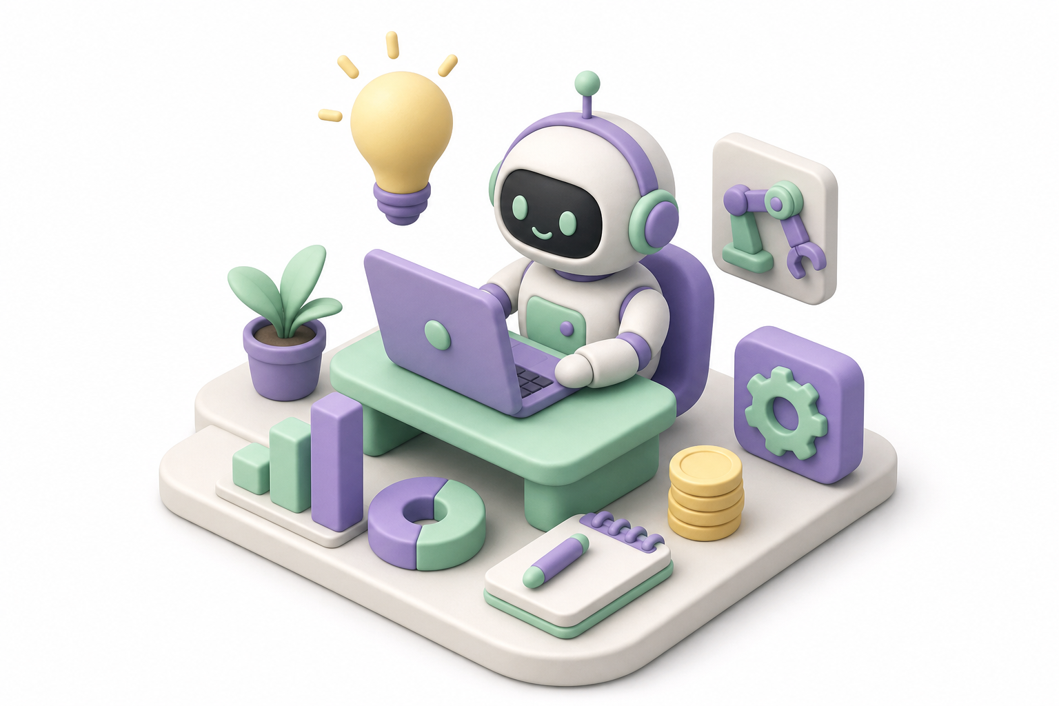 3D robot and laptop representing no-code AI side hustles