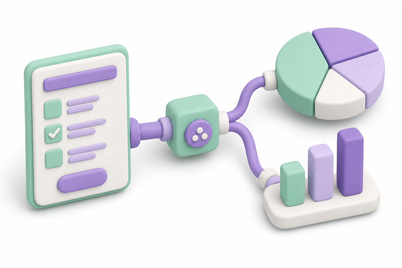 3D survey form flowing into aggregated data charts representing market research pipeline