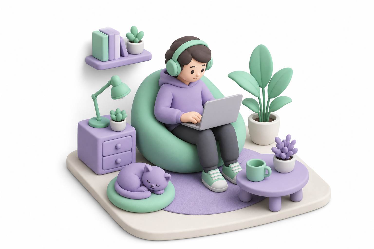 3D quiet workspace with laptop and headphones representing online earning for introverts