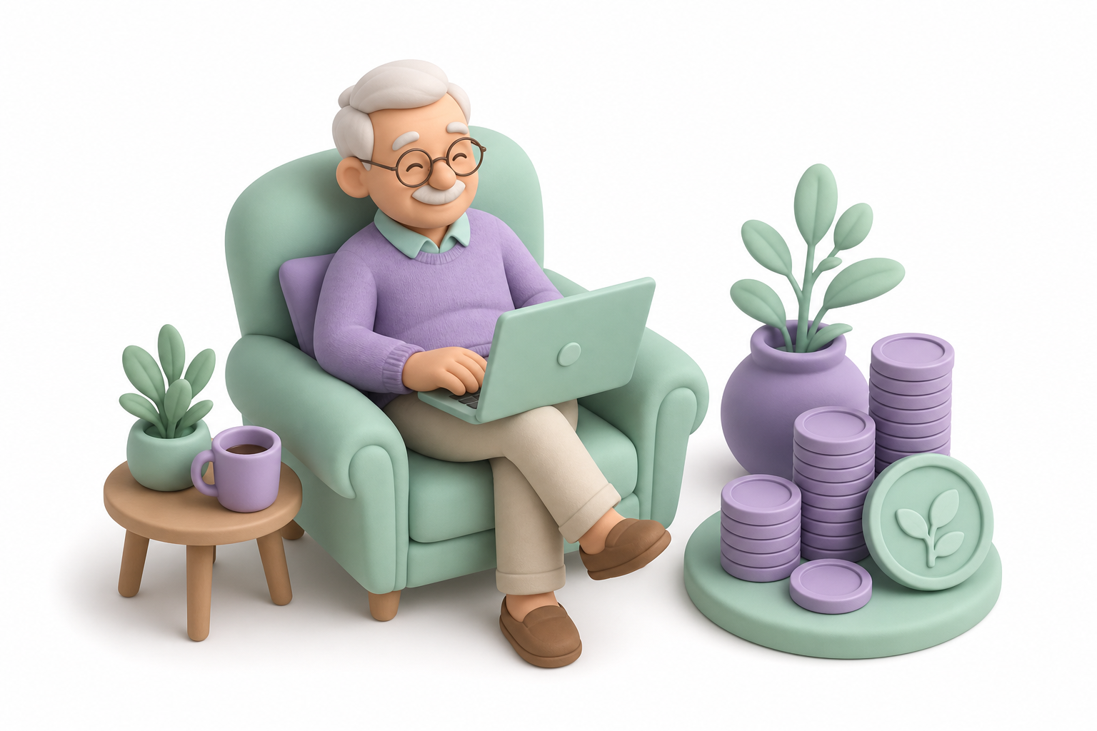 3D calm retirement scene with gentle online earning on tablet