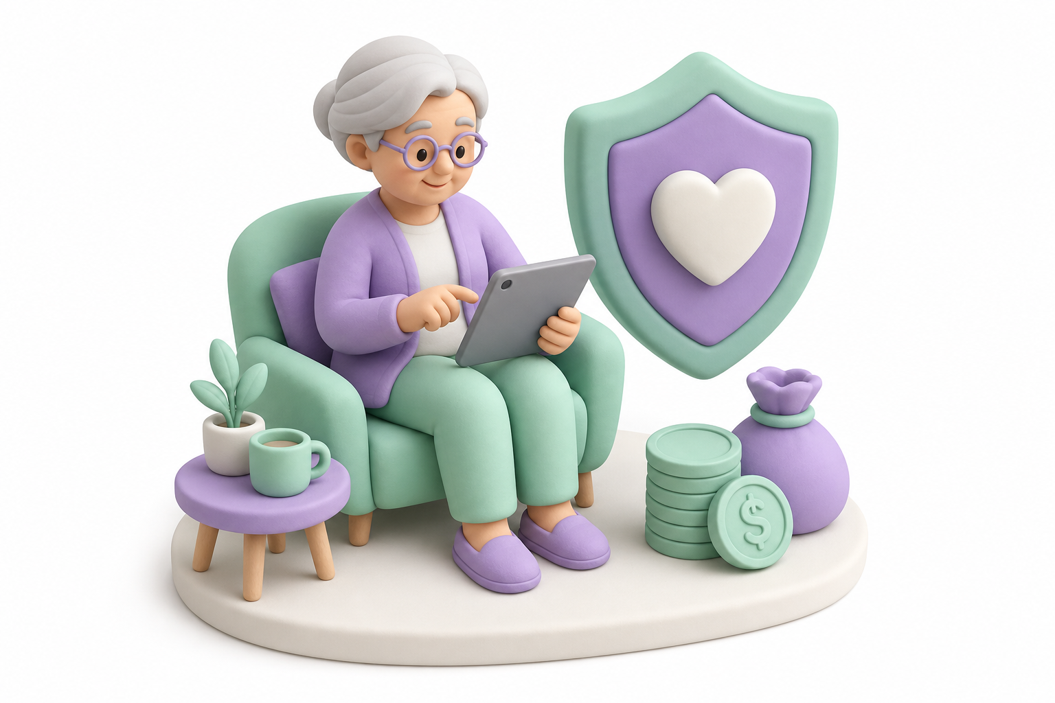 3D senior using tablet safely for supplemental online income