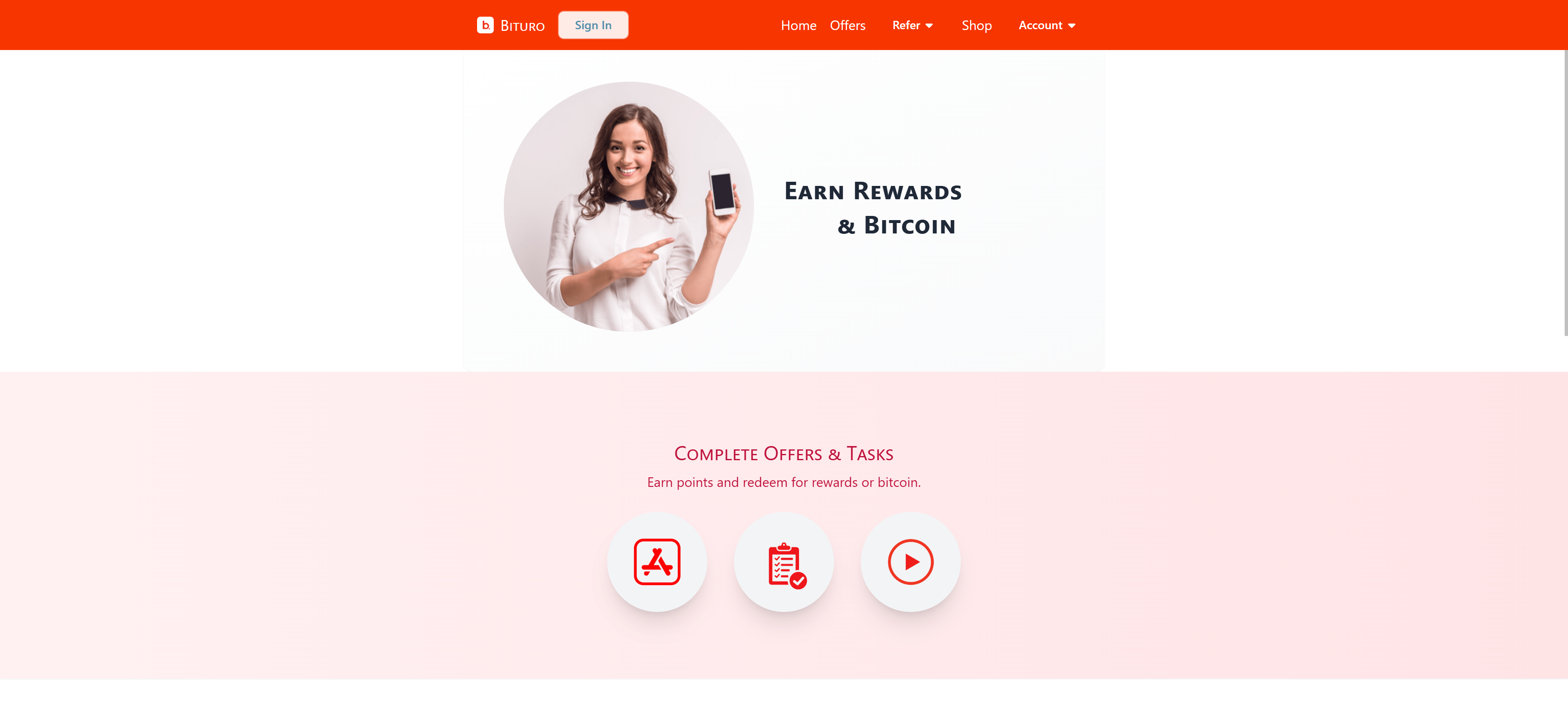 Bituro dashboard interface showing earnings balance, available earning opportunities, and earning methods