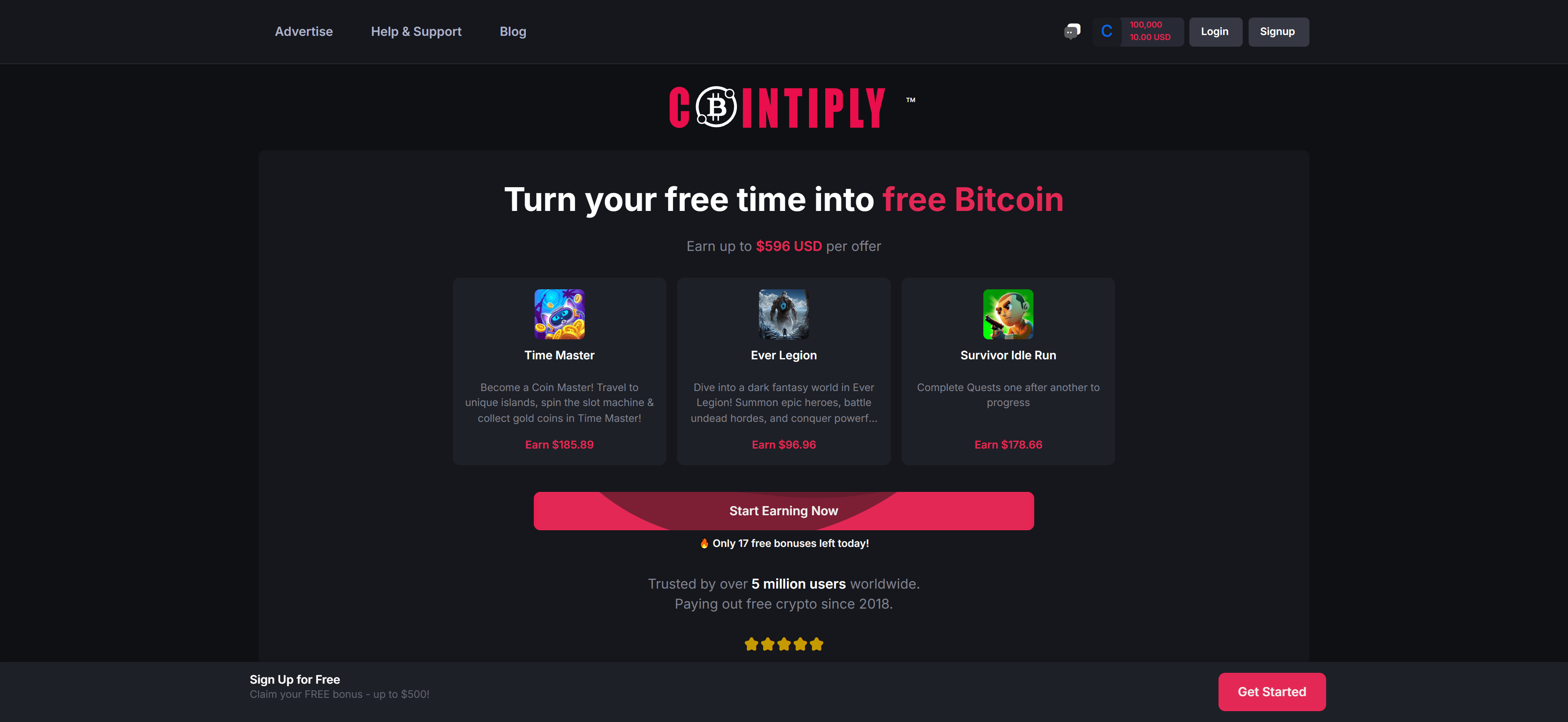 Cointiply homepage landing page showing the main interface with navigation, earning opportunities, and call-to-action buttons