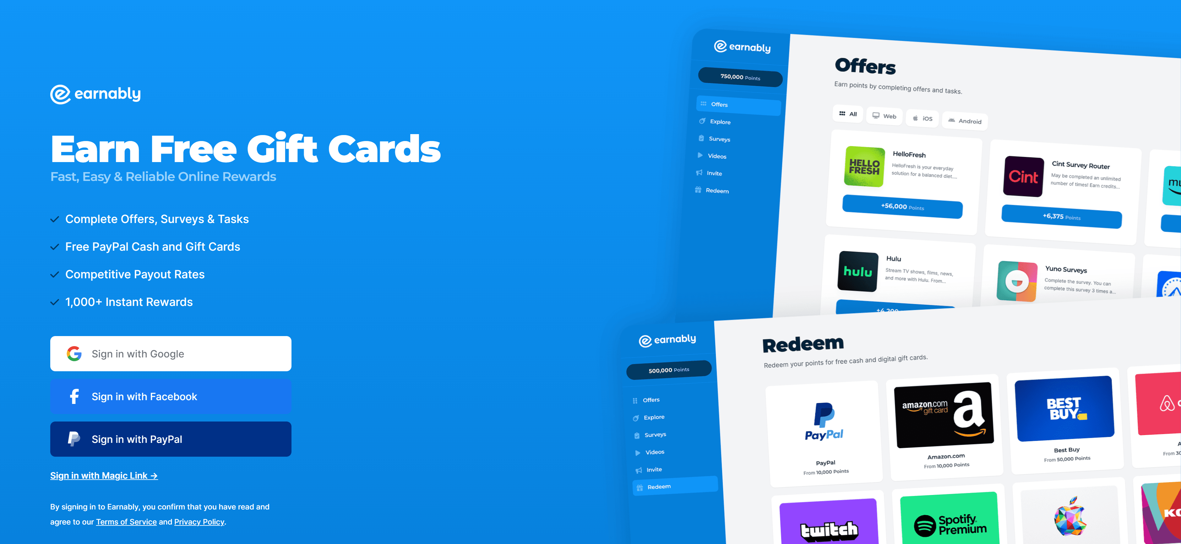 Earnably homepage landing page showing the main interface with navigation, earning opportunities, and call-to-action buttons