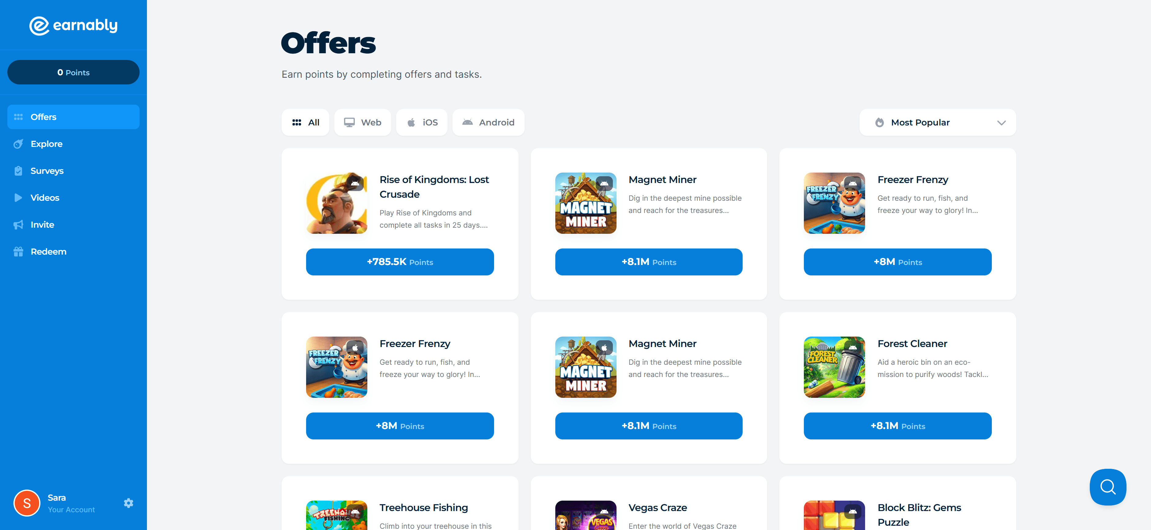 Earnably dashboard interface showing earnings balance, available earning opportunities, and earning methods