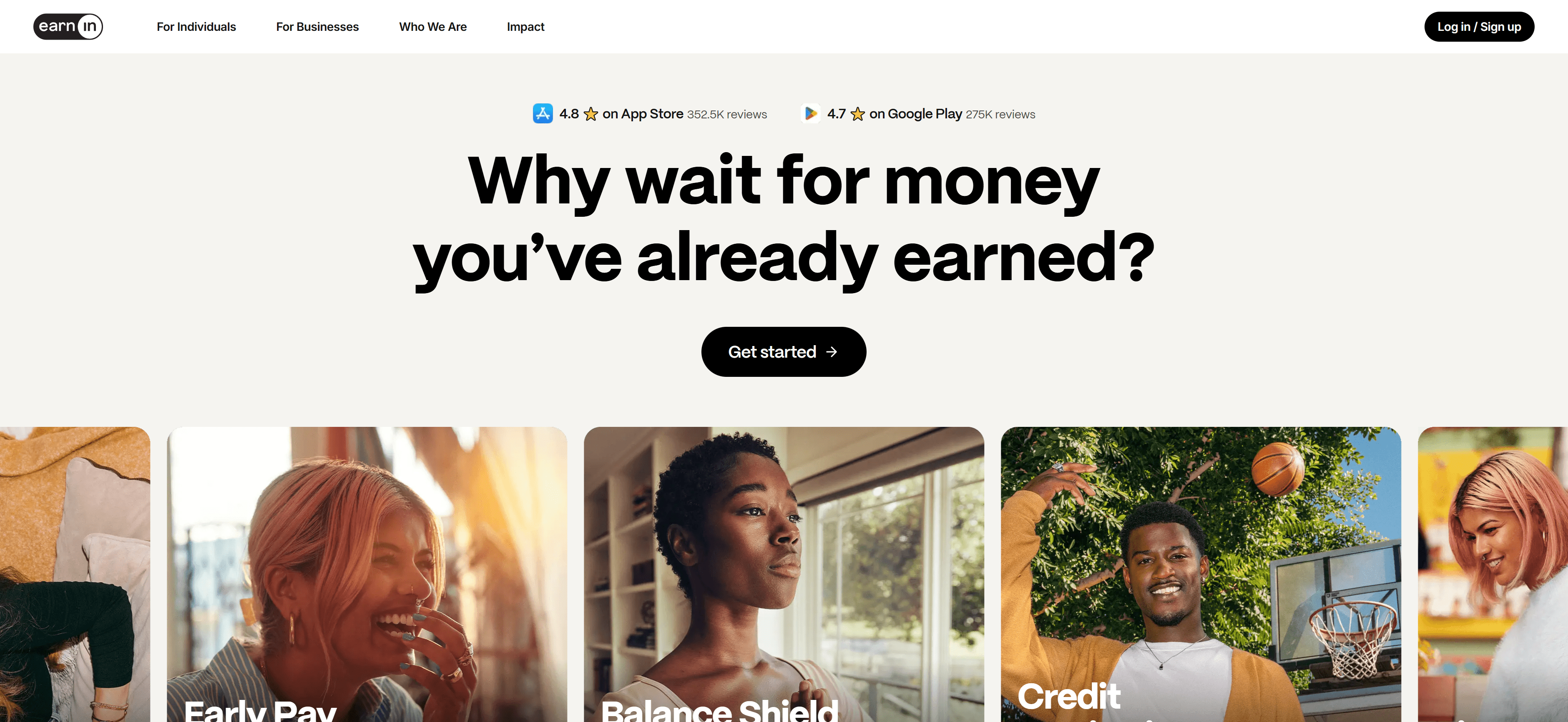 Earnin dashboard interface showing earnings balance, available earning opportunities, and earning methods