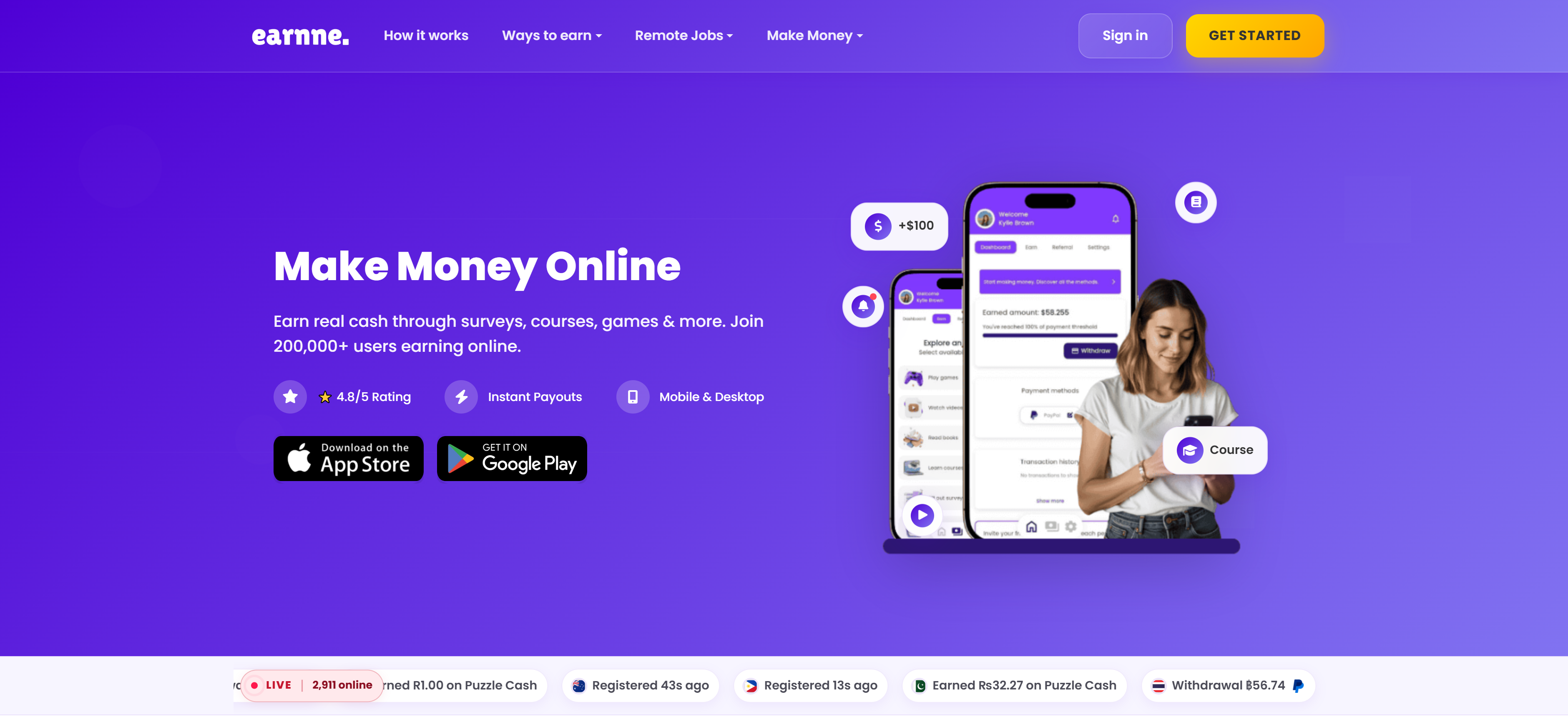 Earnne homepage landing page showing the main interface with navigation, earning opportunities, and call-to-action buttons