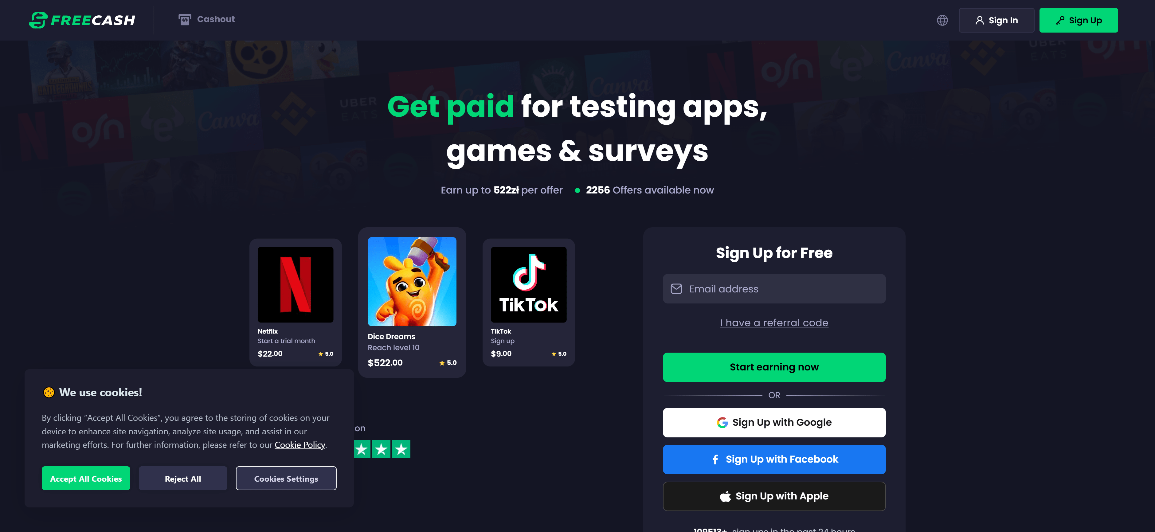 Freecash homepage landing page showing the main interface with navigation, earning opportunities, and call-to-action buttons