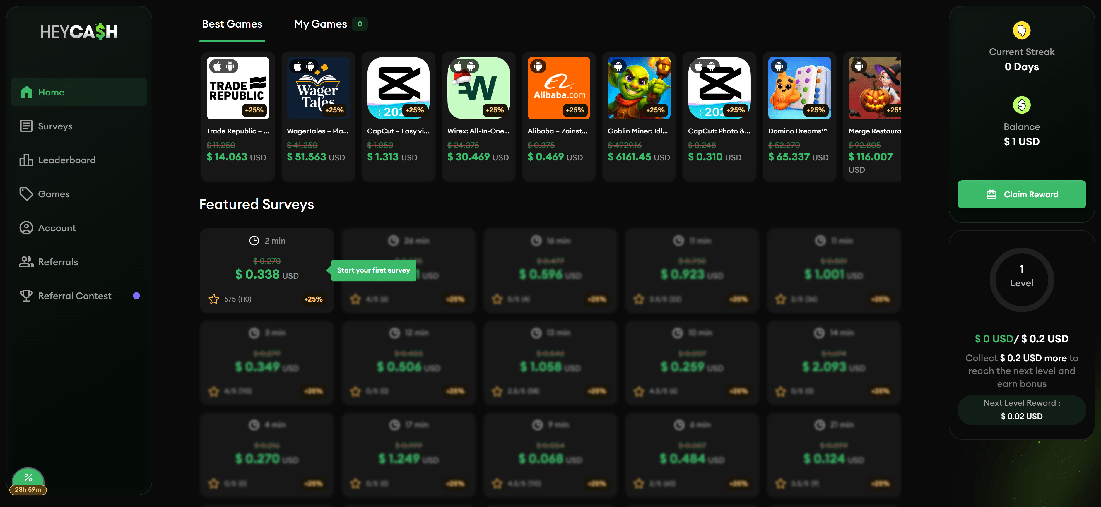Heycash dashboard interface showing earnings balance, available earning opportunities, and earning methods