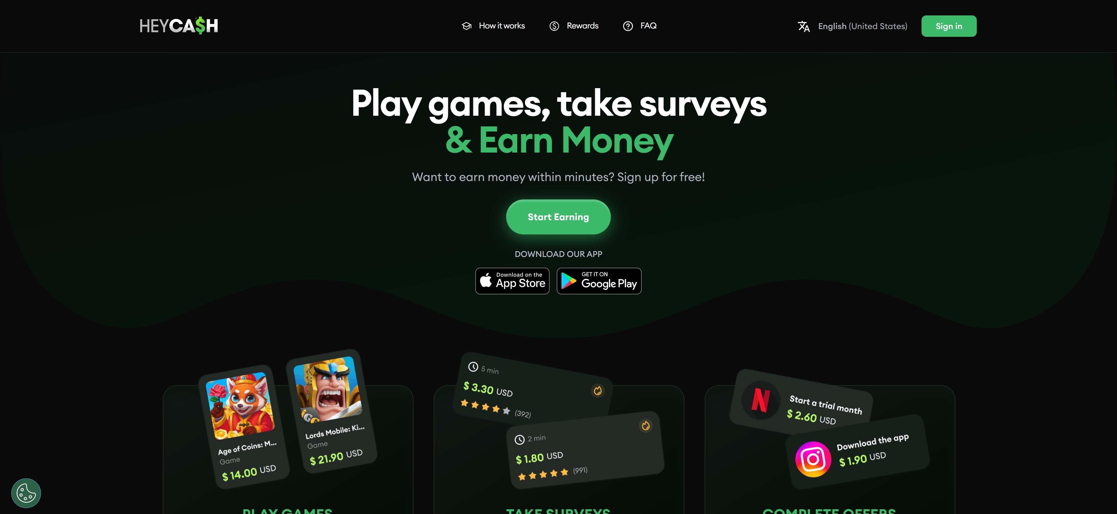 Heycash homepage landing page showing the main interface with navigation, earning opportunities, and call-to-action buttons