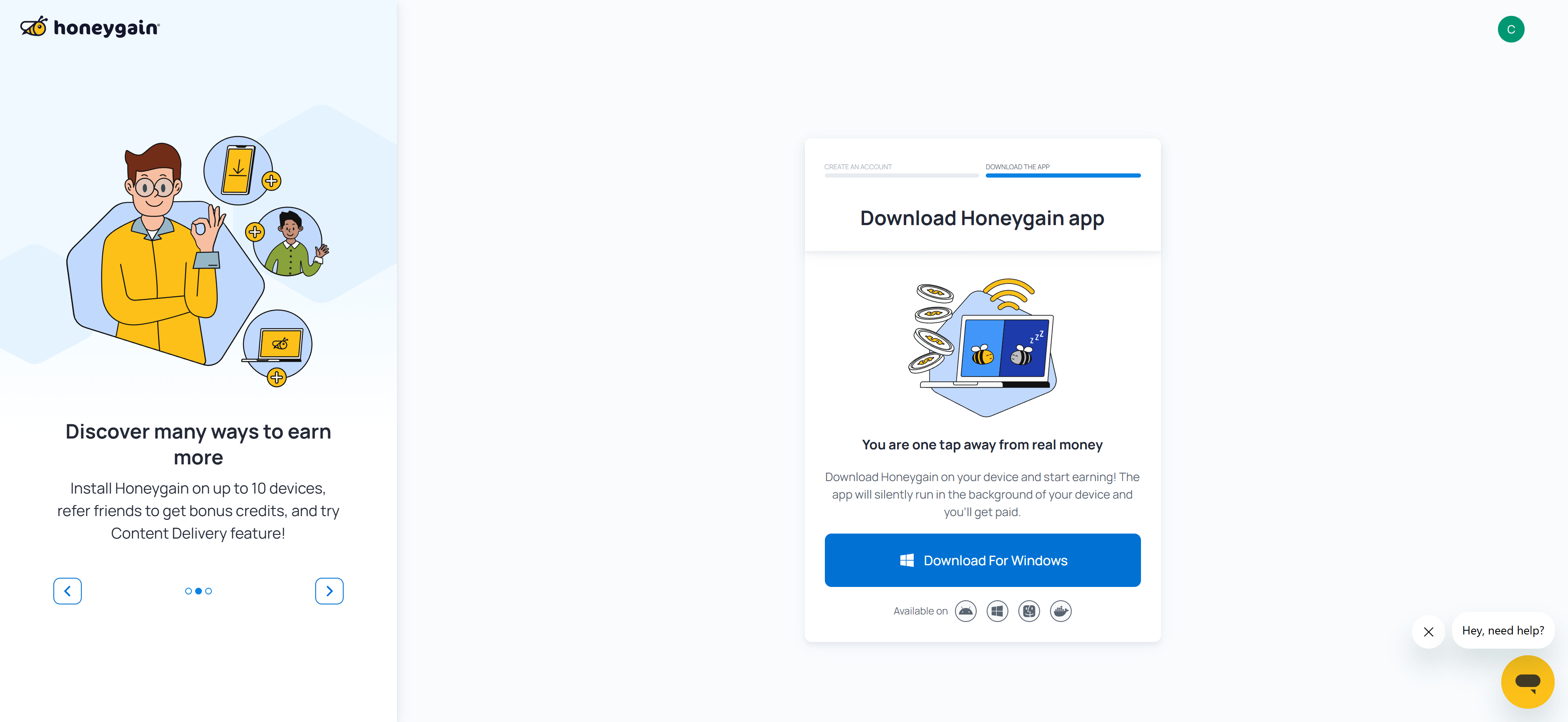 Honeygain app download screen showing download options for mobile and desktop platforms