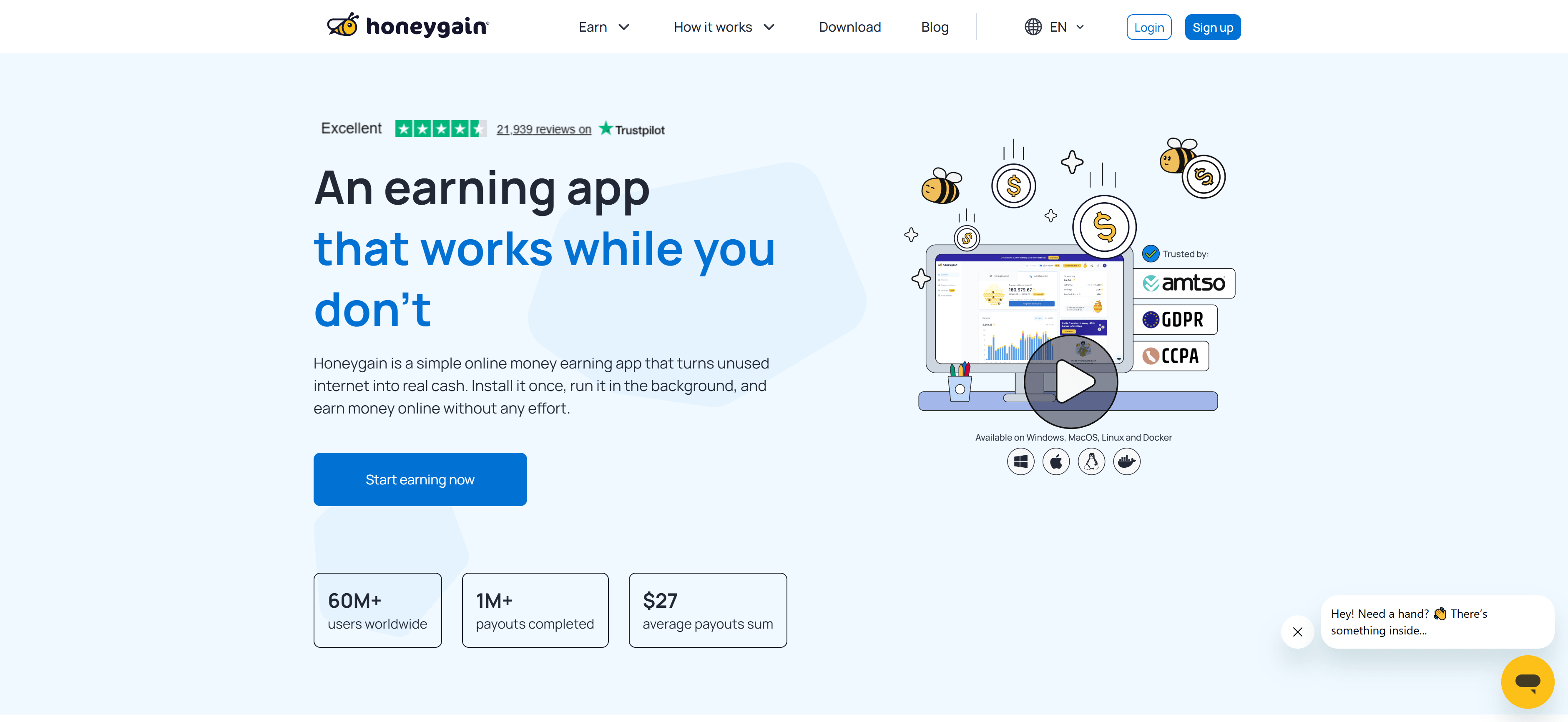 Honeygain homepage landing page showing the main interface with navigation, earning opportunities, and call-to-action buttons