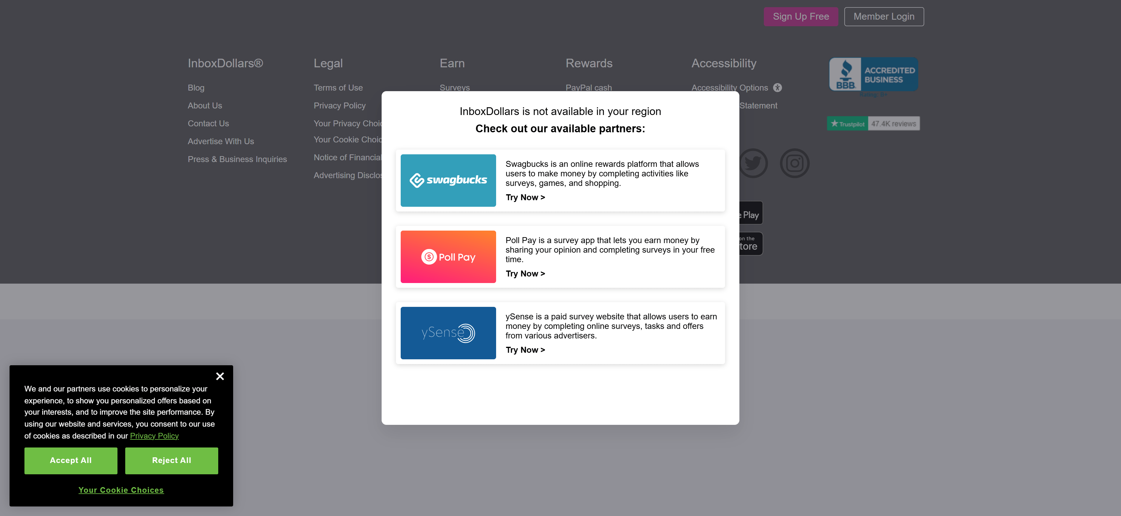 InboxDollars dashboard interface showing earnings balance, available earning opportunities, and earning methods