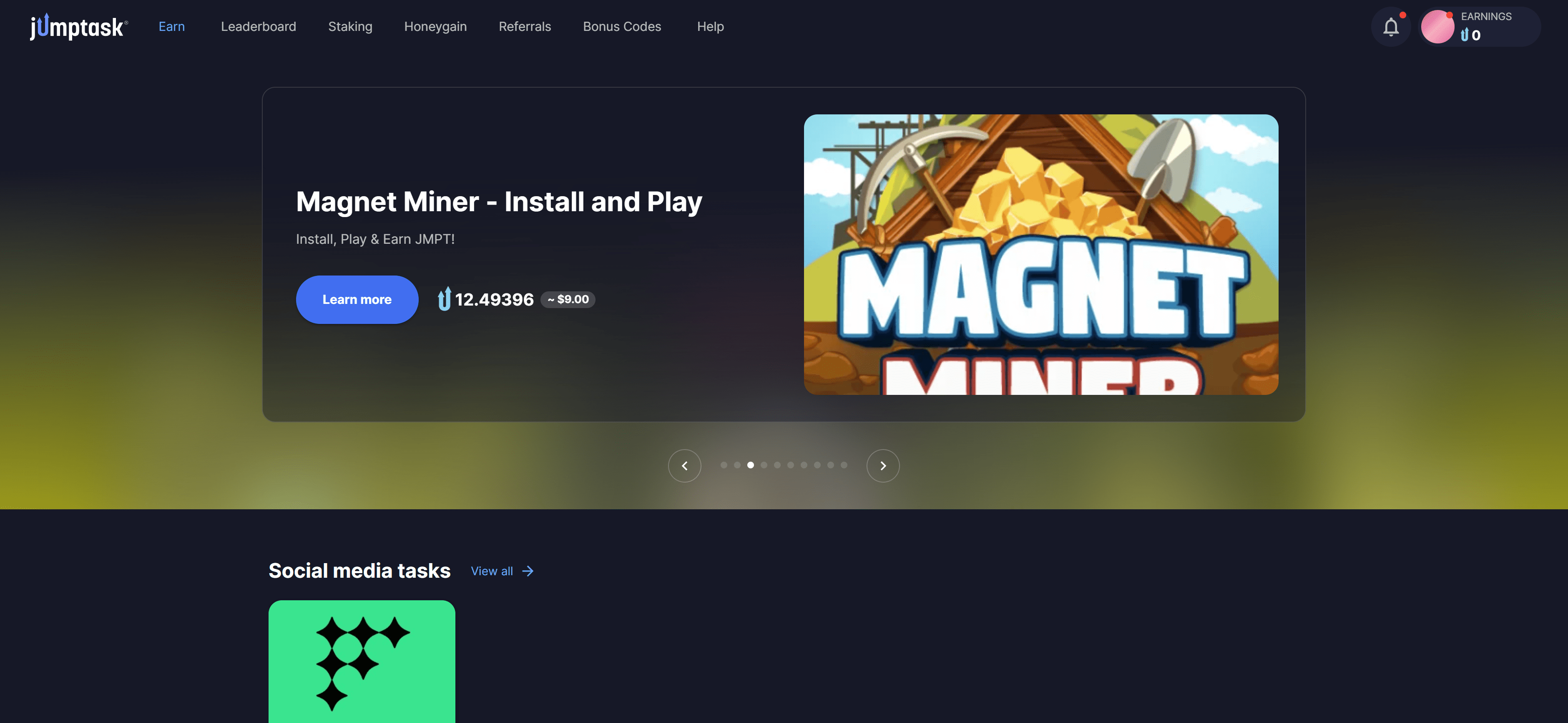 JumpTask dashboard interface showing earnings balance, available earning opportunities, and earning methods