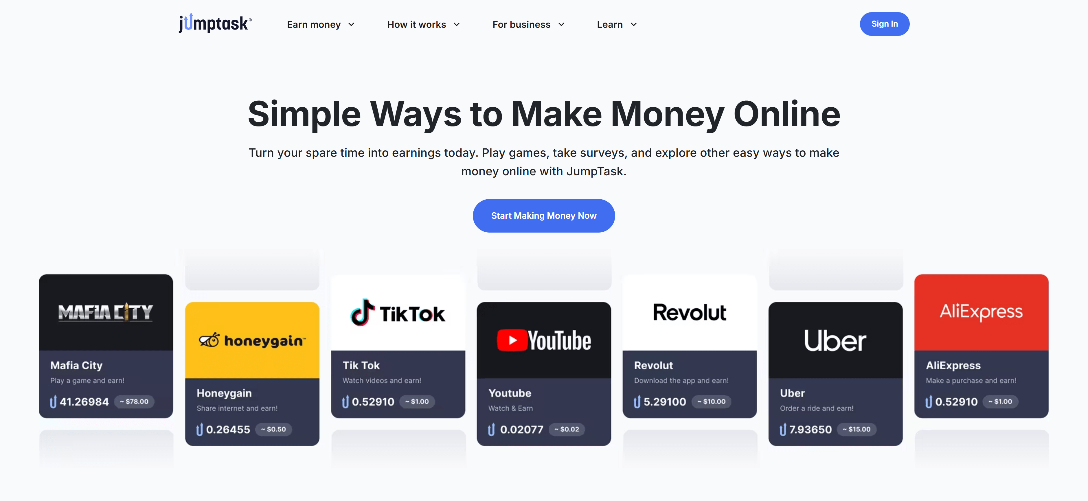 JumpTask homepage landing page showing the main interface with navigation, earning opportunities, and call-to-action buttons