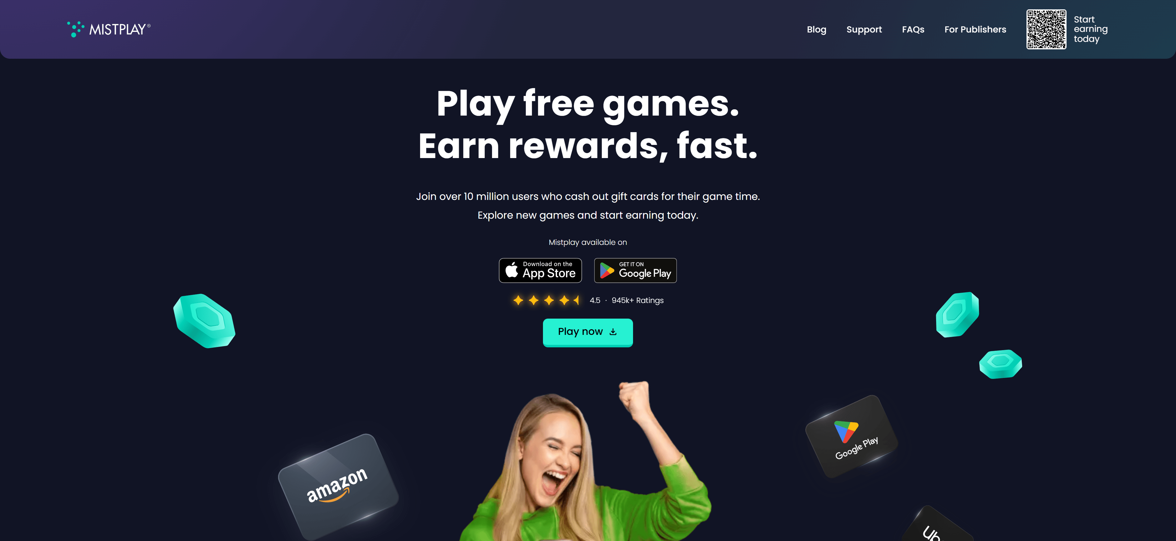 Mistplay dashboard interface showing earnings balance, available earning opportunities, and earning methods