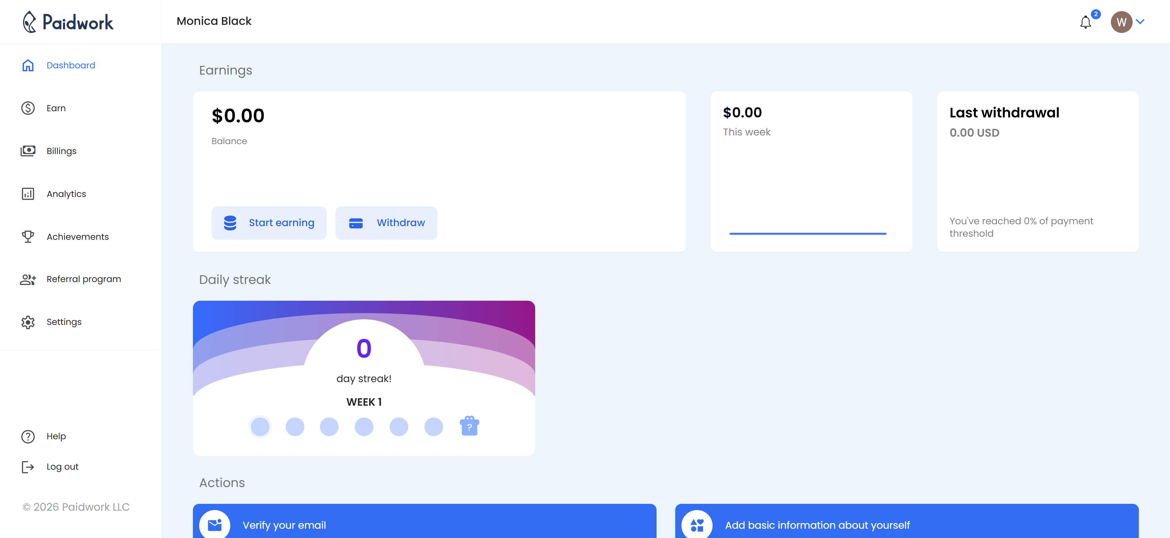 Paidwork dashboard interface showing earnings balance, account summary, weekly earnings, daily streak, and available earning opportunities