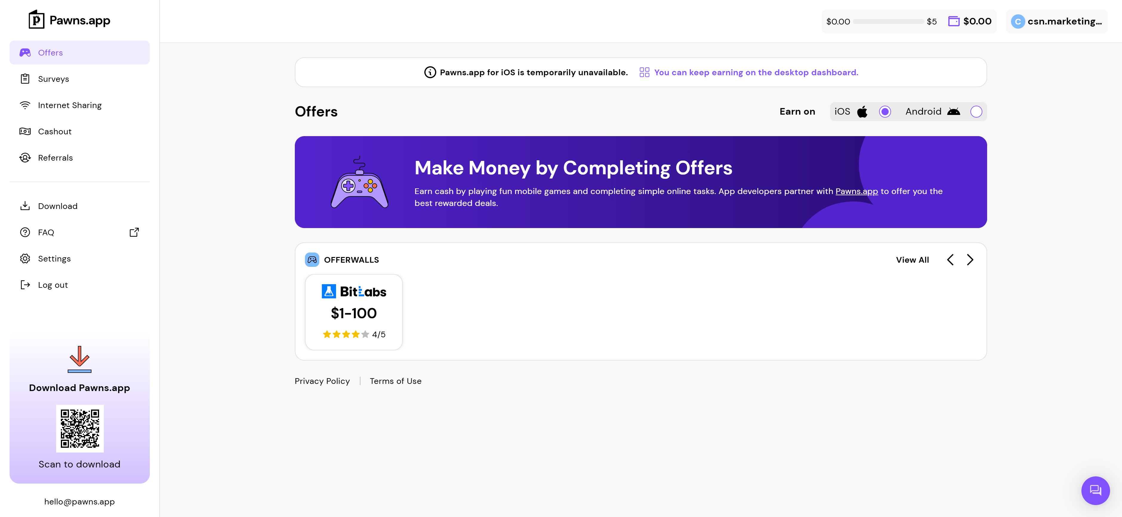 Pawns dashboard interface showing earnings balance, available earning opportunities, and earning methods