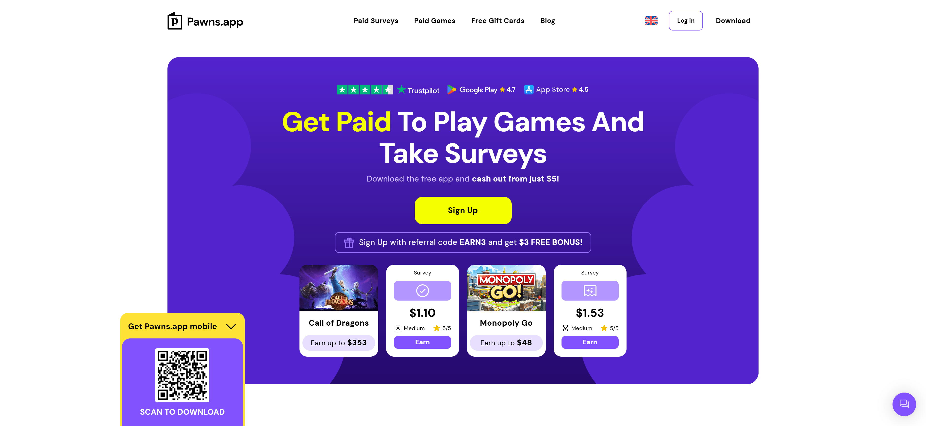 Pawns homepage landing page showing the main interface with navigation, earning opportunities, and call-to-action buttons