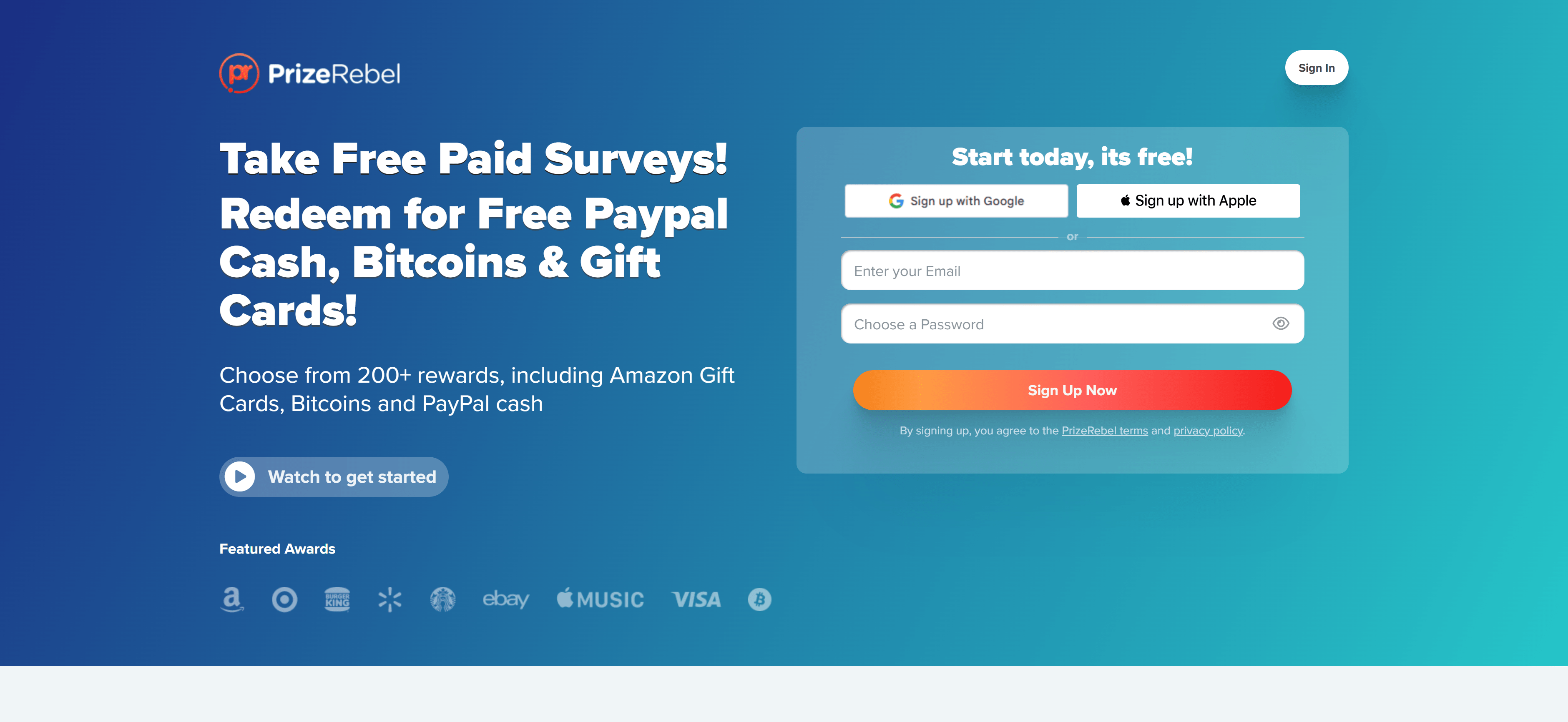 PrizeRebel dashboard interface showing earnings balance, available earning opportunities, and earning methods