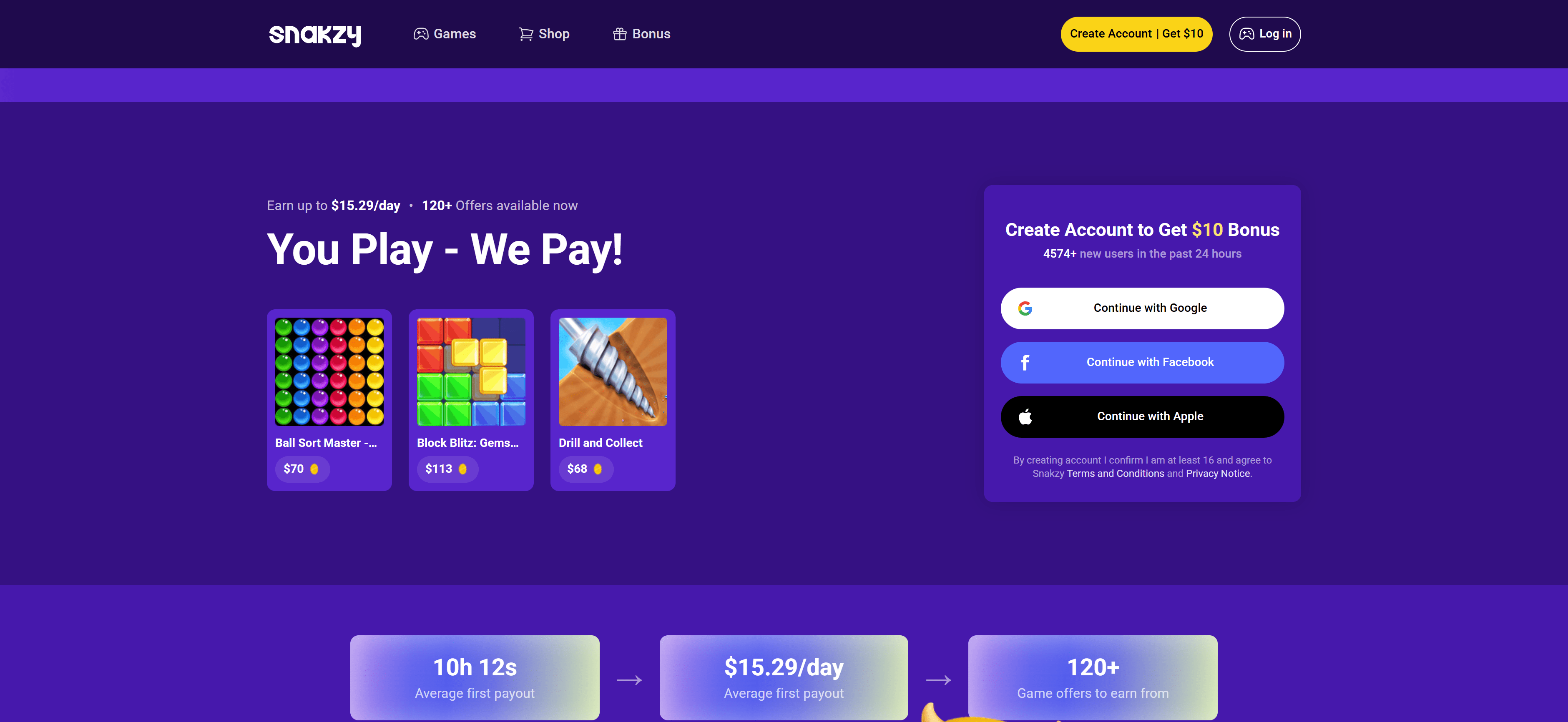 Snakzy dashboard interface showing earnings balance, available earning opportunities, and earning methods