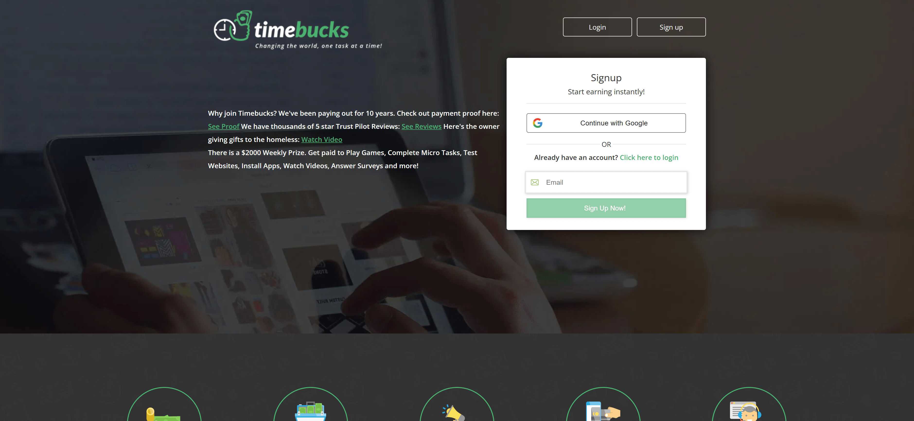TimeBucks dashboard interface showing earnings balance, available earning opportunities, and earning methods