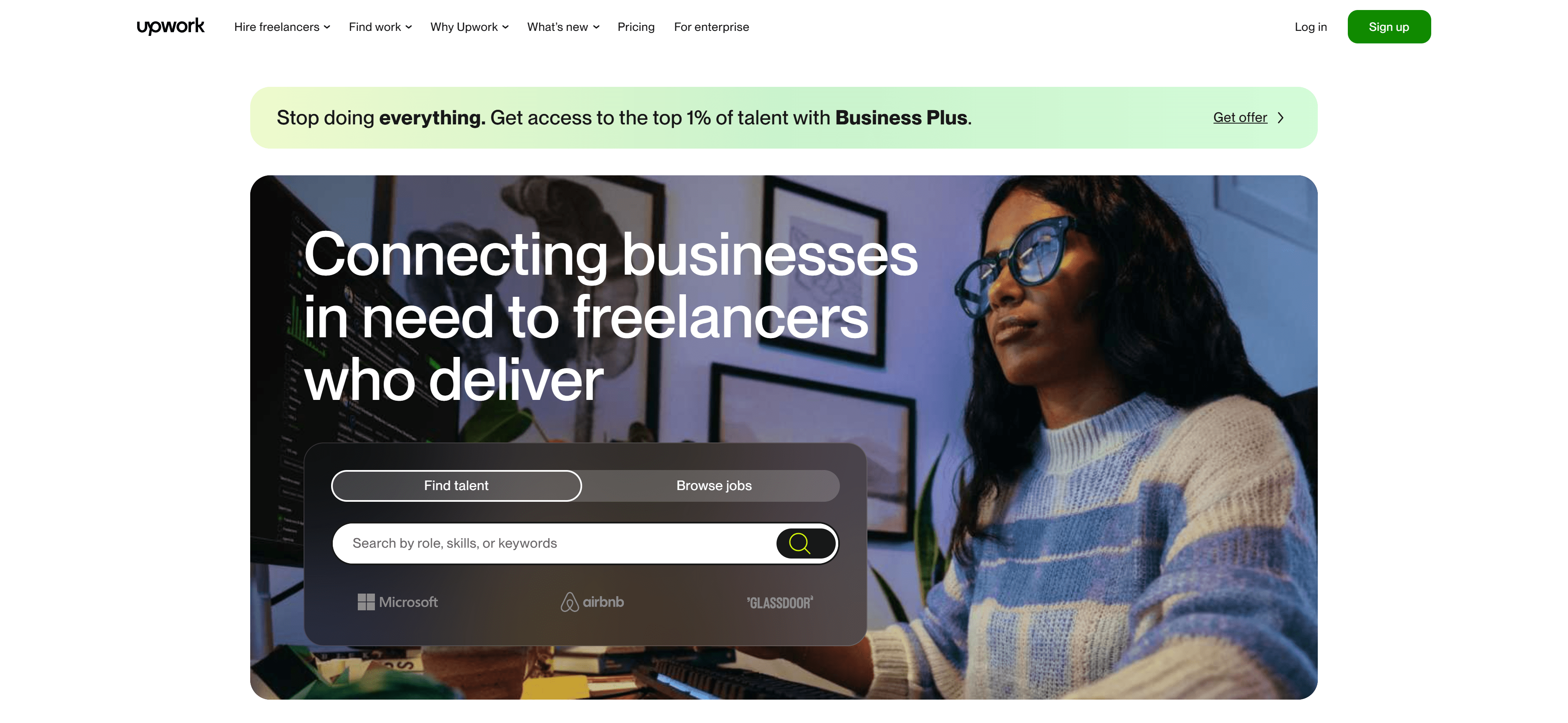 Upwork dashboard interface showing earnings balance, available earning opportunities, and earning methods