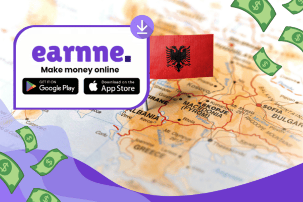 Earnne app showing remote work options in Lushnje, Albania including games, surveys, and microtasks