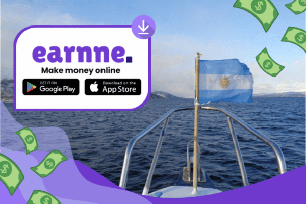 Earnne app showing remote work options in Rosario, Argentina including games, surveys, and microtasks