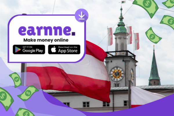 Earnne app showing remote work options in Innsbruck, Austria including games, surveys, and microtasks