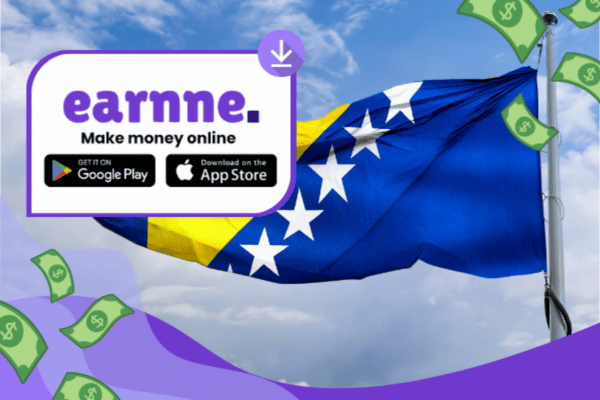 Earnne app showing remote work options in Bihac, Bosnia And Herzegovina including games, surveys, and microtasks