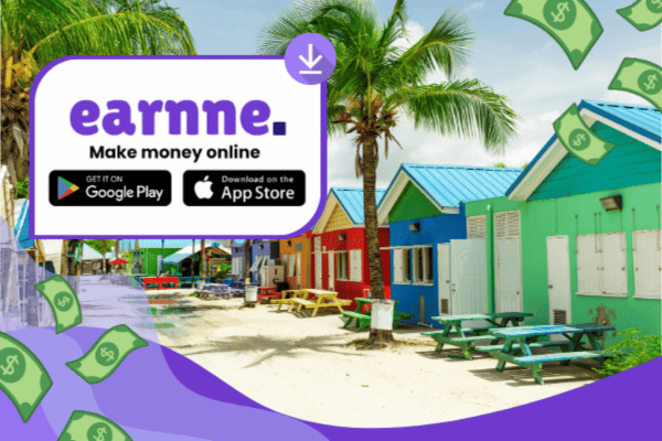 Earnne app showing remote work options in Crane, Barbados including games, surveys, and microtasks