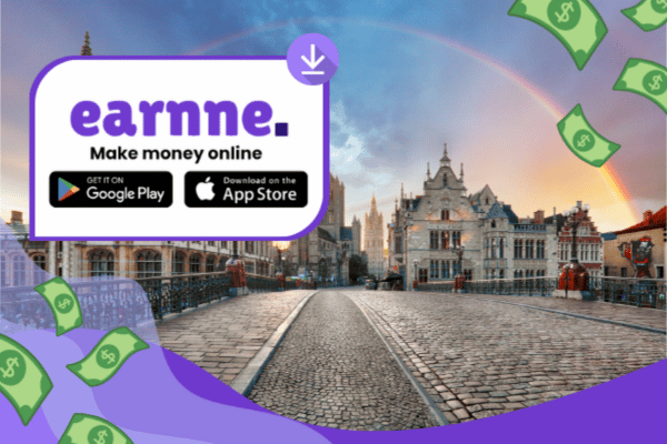 Earnne app showing remote work options in Bruges, Belgium including games, surveys, and microtasks