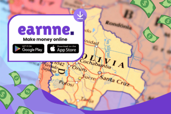 Earnne app showing remote work options in Sucre, Bolivia including games, surveys, and microtasks
