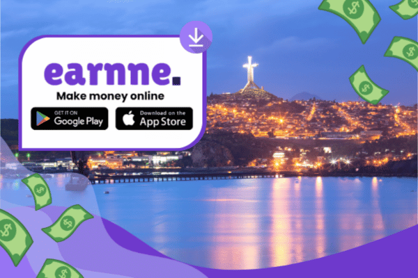 Earnne app showing remote work options in Puerto Montt, Chile including games, surveys, and microtasks