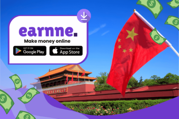 Earnne app showing remote work options in Beijing, China including games, surveys, and microtasks