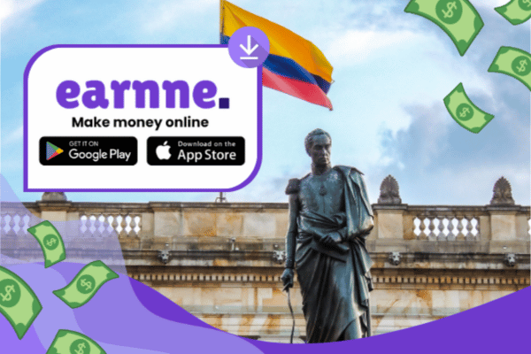 Earnne app showing remote work options in Pereira, Colombia including games, surveys, and microtasks
