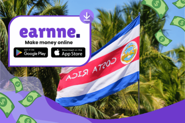 Earnne app showing remote work options in Puntarenas, Costa Rica including games, surveys, and microtasks