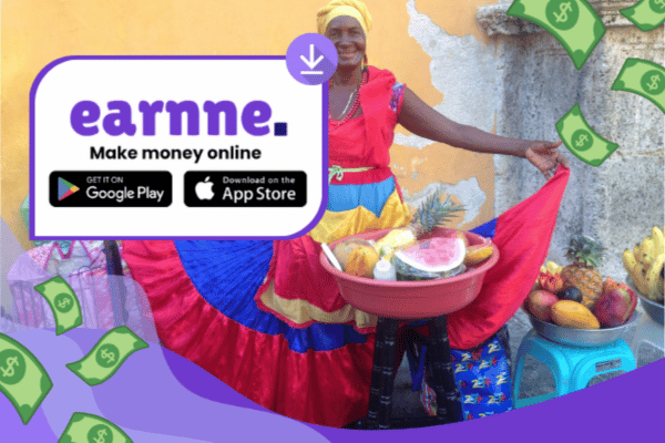Earnne app showing remote work options in Las Tunas, Cuba including games, surveys, and microtasks