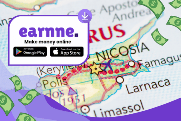 Earnne app showing remote work options in Larnaca, Cyprus including games, surveys, and microtasks