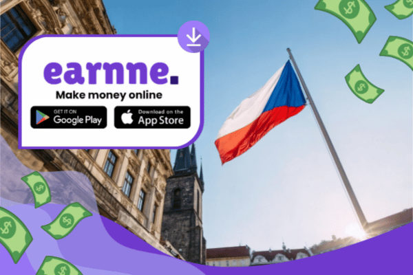 Earnne app showing remote work options in Prague, Czech Republic including games, surveys, and microtasks