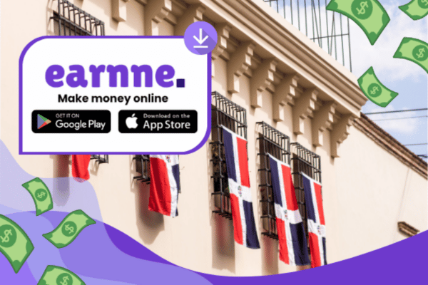 Earnne app showing remote work options in Santo Domingo, Dominican Republic including games, surveys, and microtasks