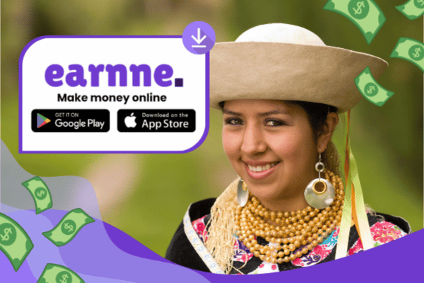 Earnne app showing remote work options in Ibarra, Ecuador including games, surveys, and microtasks