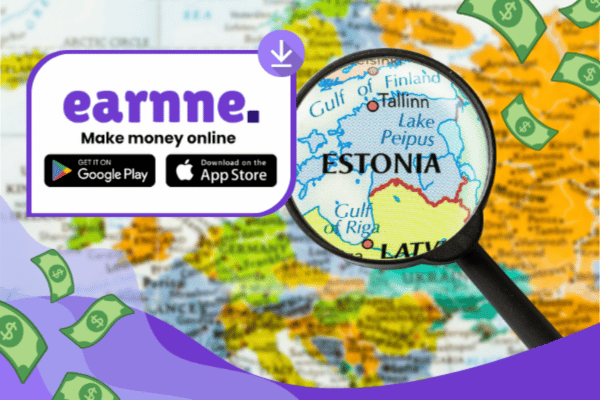Earnne app showing remote work options in Tartu, Estonia including games, surveys, and microtasks