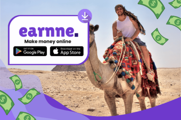 Earnne app showing remote work options in Cairo, Egypt including games, surveys, and microtasks