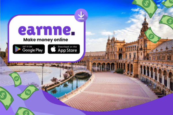 Earnne app showing remote work options in Bilbao, Spain including games, surveys, and microtasks